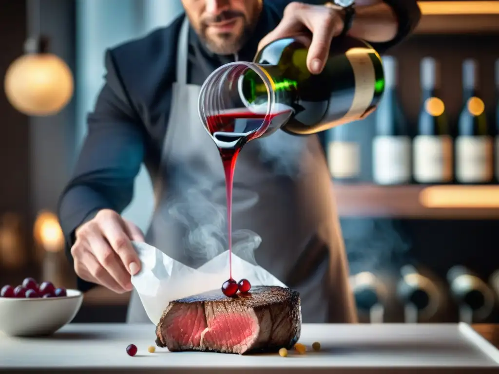 Un sommelier francés vierte vino en una bolsa al vacío con un bistec cocido, en un elegante restaurante con vinos franceses