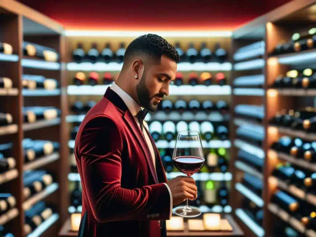 Un sommelier vierte con maestría un vino tinto francés boutique en una copa de cristal, bajo una cálida luz