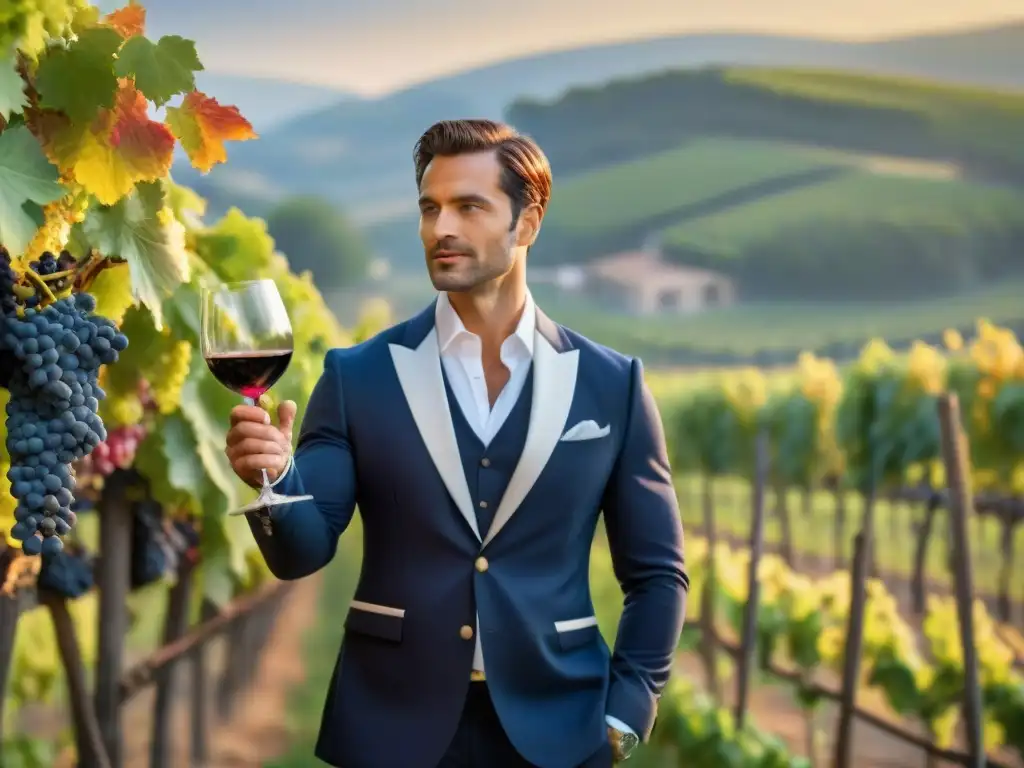 Un sommelier francés vierte vino tinto en una copa de cristal en un viñedo al atardecer