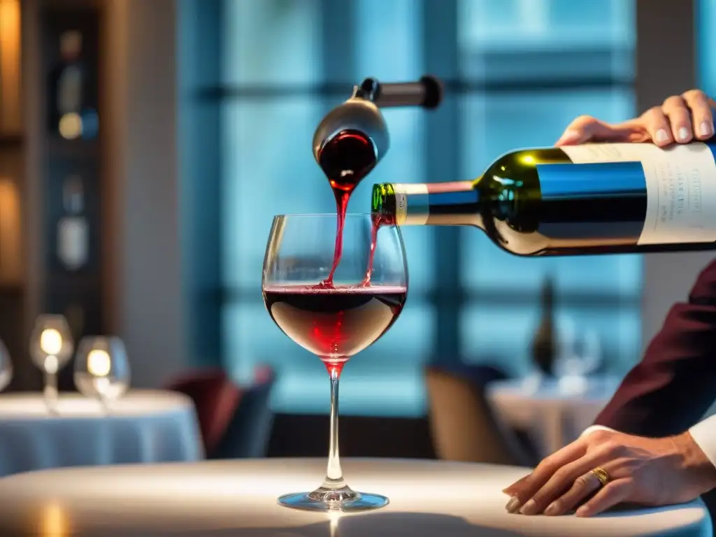 Un sommelier vierte con maestría un vino tinto Bordeaux en una copa de cristal, con elegantes platos franceses de fondo