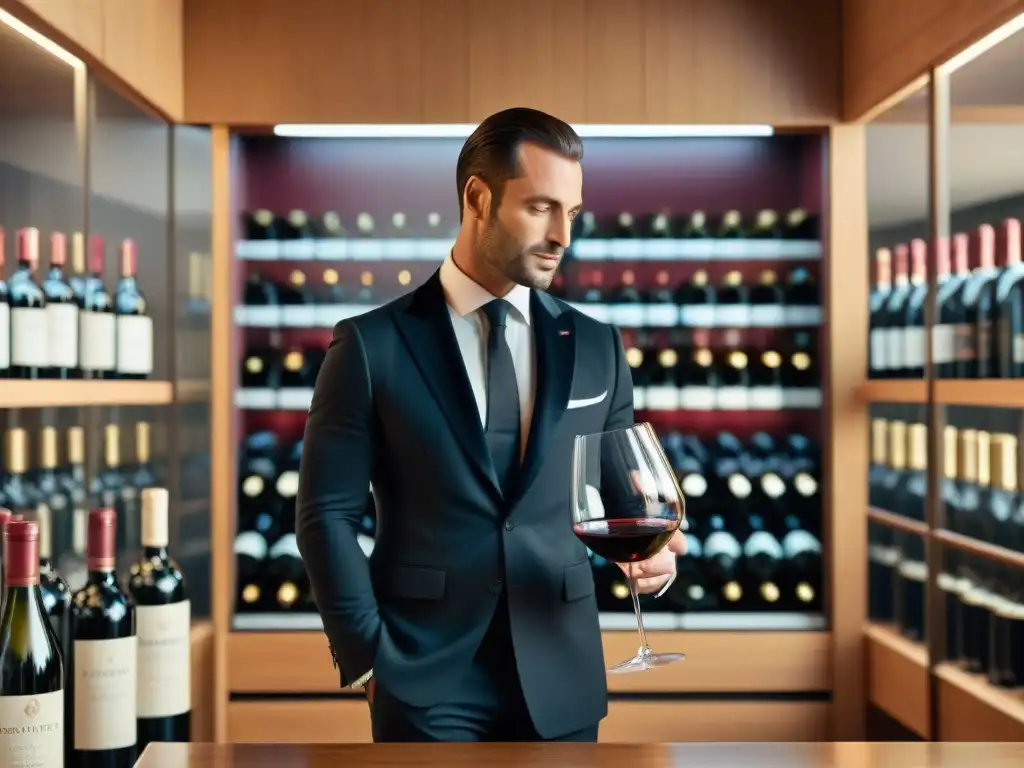 Un sommelier francés vierte vino tinto en una copa de cristal, rodeado de botellas de vino de Burdeos