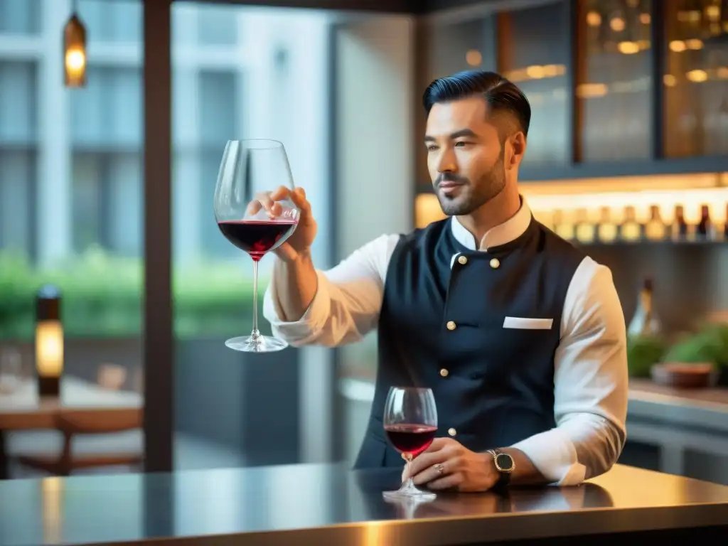 Un sommelier francés vierte con maestría un vino de Burdeos en una copa de cristal, en una cocina de restaurante asiático-francés