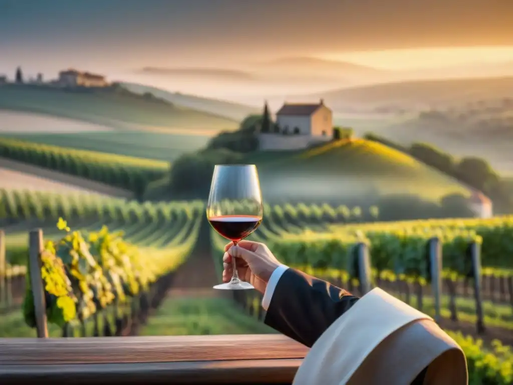 Un sommelier francés vierte un vino Bordeaux en una copa cristalina, en un viñedo al atardecer