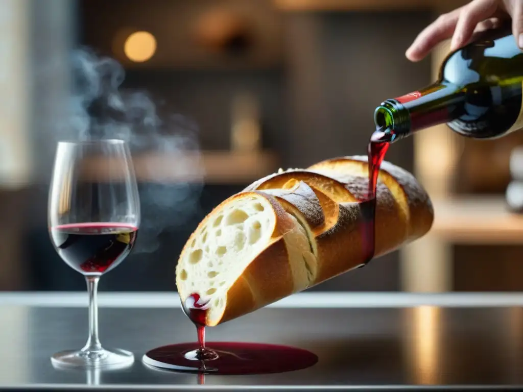 Exquisito vertido de vino tinto y baguette recién horneada Un sommelier vierte vino tinto en una copa cristalina, con pan francés al fondo
