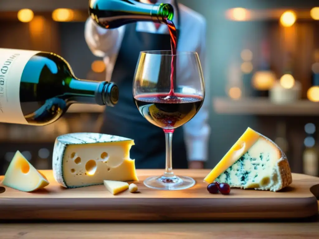 Un sommelier vierte vino tinto en una copa cristalina, con quesos artesanales en un tablero de madera