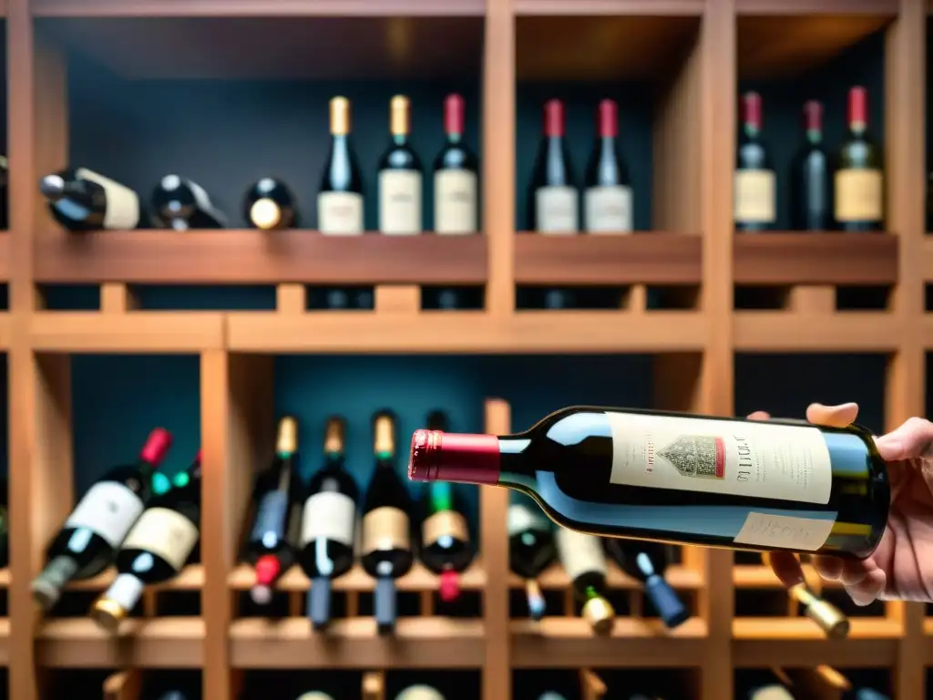 Un sommelier vierte vino francés en copa elegante en bodega, resaltando etiqueta, color y ambiente