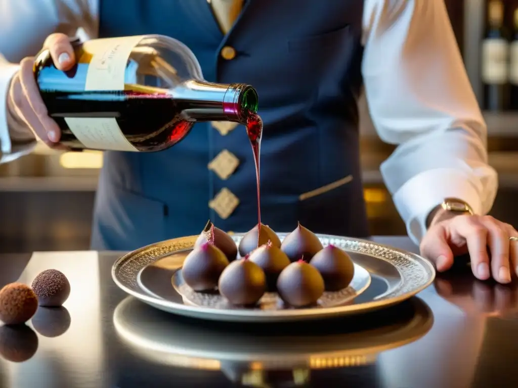 Un sommelier francés vierte un vino Bordeaux en una copa junto a trufas de chocolate, en un elegante maridaje vinos chocolate gastronomía francesa