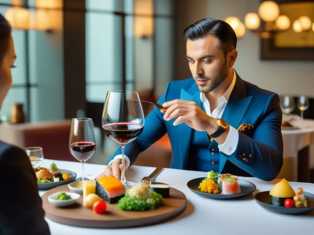 Un sommelier vierte vino francés en copa, con platos gourmet internacionales