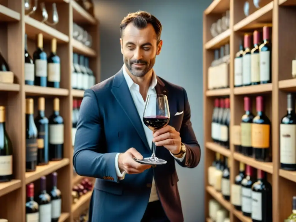 Un sommelier francés vierte vino tinto en copa, rodeado de quesos franceses envejecidos