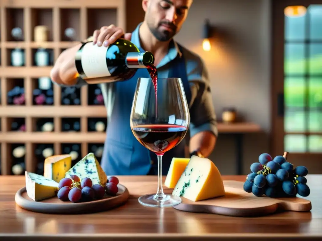 Un sommelier sirviendo un vino Burdeos en copa de cristal, con maridajes de quesos y uvas