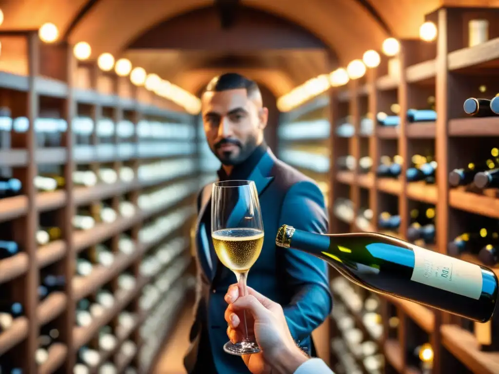 Un sommelier vierte vino espumoso en una copa elegante en una bodega iluminada, con burbujas efervescentes y estantes llenos de botellas