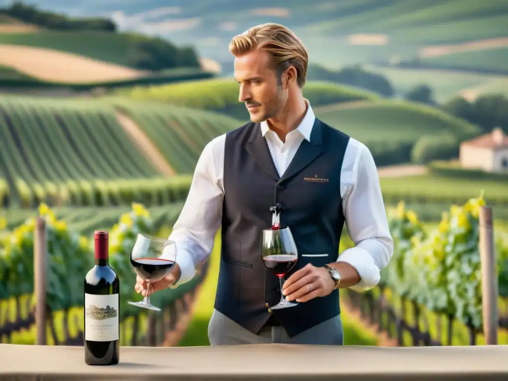 Experto sommelier sirviendo vino tinto Bordeaux francés Un sommelier vierte con maestría un vino tinto francés en copa, destacando la elegancia y tradición de la promoción de vinos franceses online