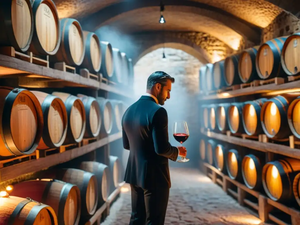 Un sommelier vierte vino tinto francés en copa de cristal en bodega iluminada, ideal para maridajes vinos tintos franceses