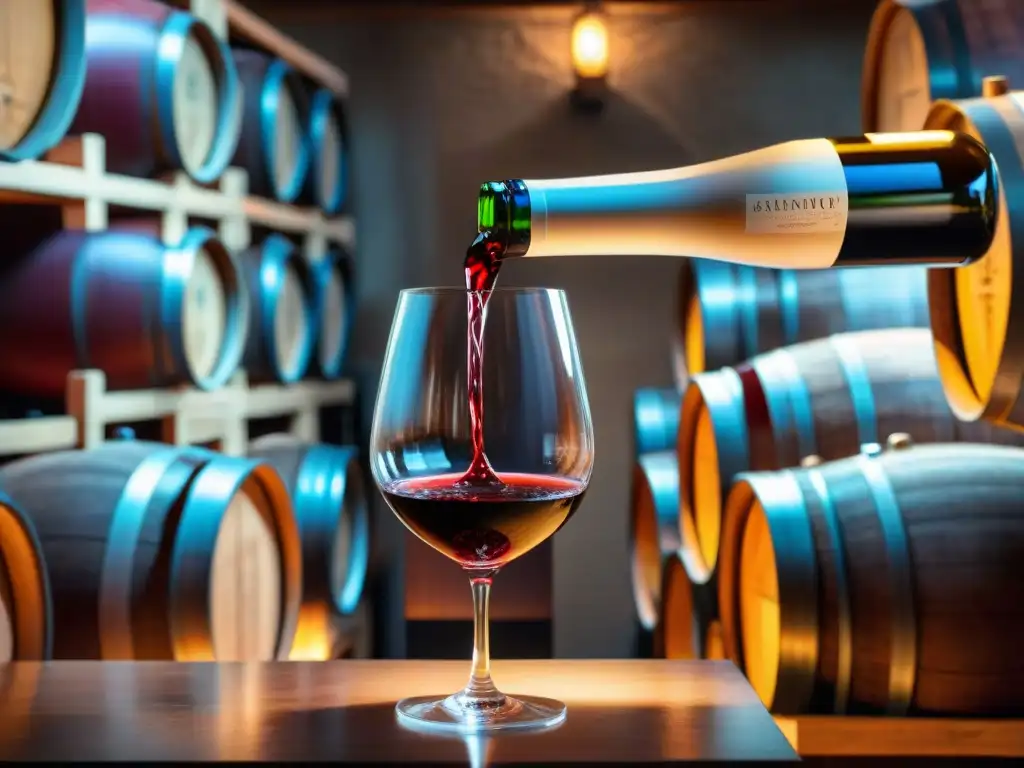 Un sommelier vierte con maestría un vino tinto francés en una copa de cristal en una bodega tradicional