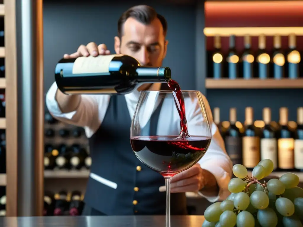 Un sommelier vierte con maestría un vino tinto francés en una copa de cristal en un elegante restaurante