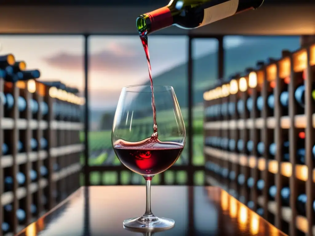 Un sommelier vierte con maestría un vino tinto francés en una copa de cristal, en una lujosa bodega