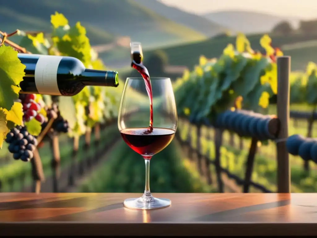 Un sommelier vierte vino tinto francés en copa de cristal en un viñedo, capturando la elegancia de Verdades Vinos Tintos Franceses