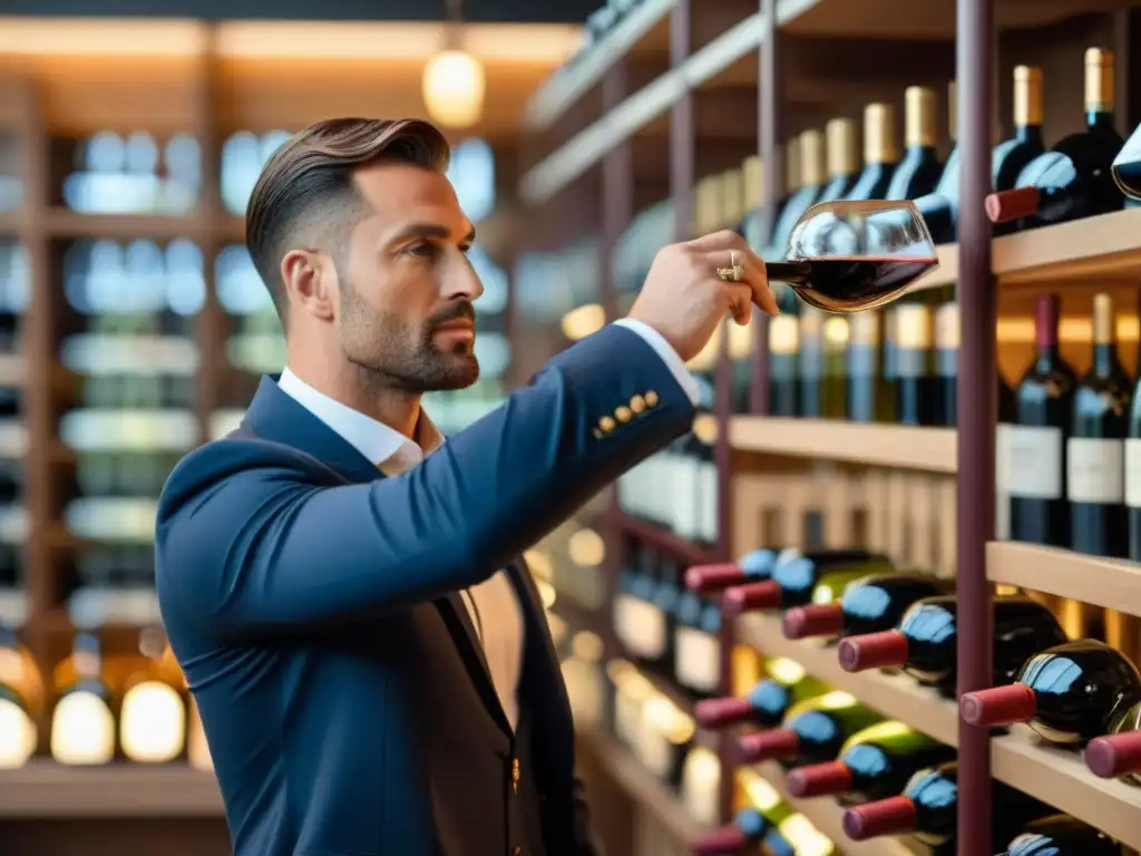 Un sommelier vierte con maestría un vino tinto francés en una copa cristalina, rodeado de estantes repletos de prestigiosas botellas de vino francés