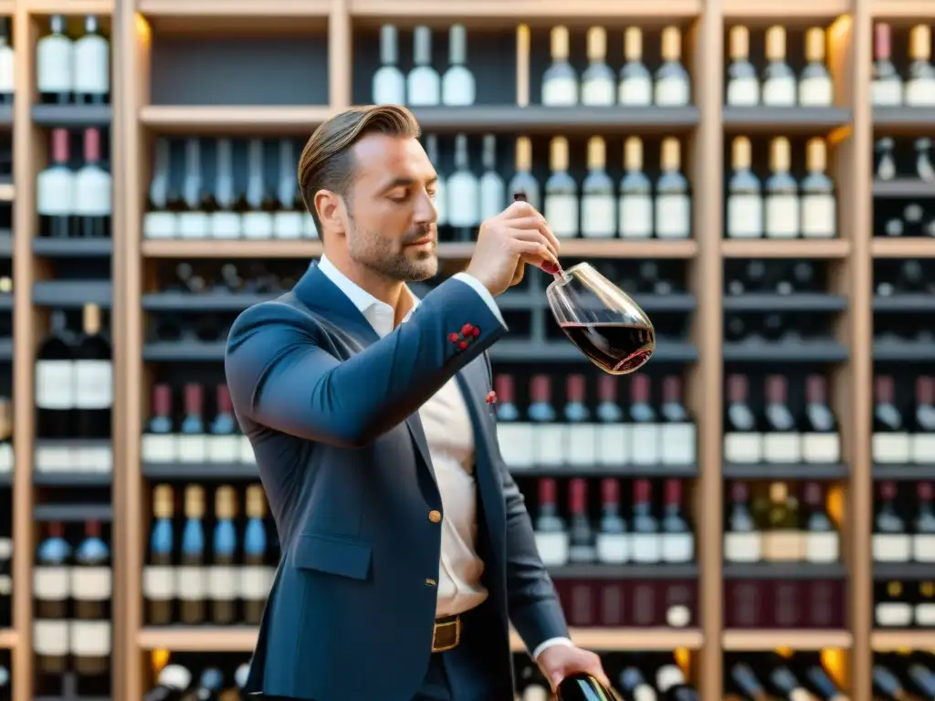 Un sommelier vierte con maestría un vino tinto francés en una copa de cristal, rodeado de estantes repletos de botellas de vinos tintos franceses