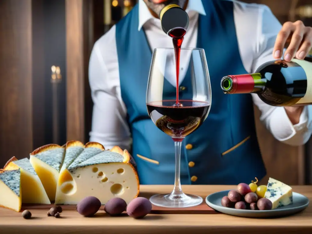 Un sommelier vierte vino tinto francés en una copa de cristal, rodeado de maridajes exquisitos