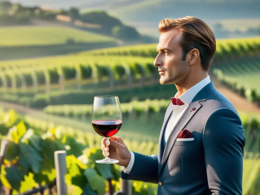 Exquisita degustación: sommelier analizando vino francés en viñedo Un sommelier examina un vino francés en un viñedo, promoción vinos franceses online