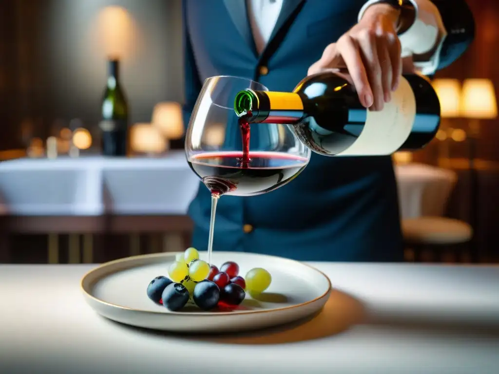 Un sommelier francés vierte vino tinto en copa cristal, con delicatessen francesas, en restaurante elegante