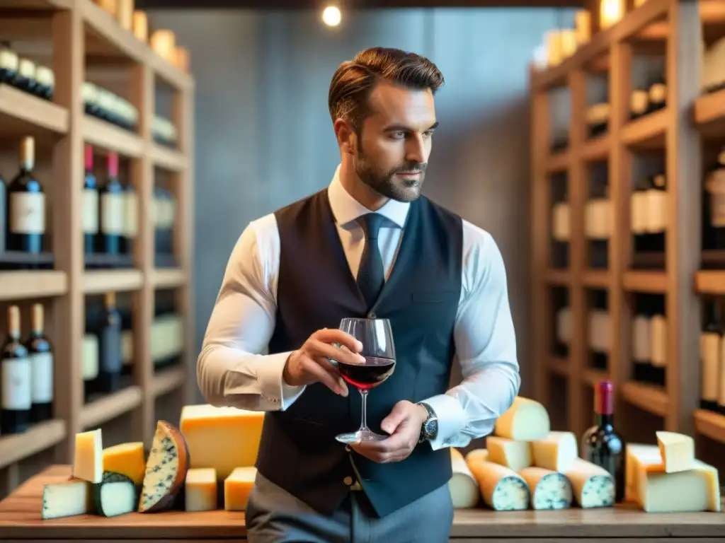 Un sommelier vierte vino tinto frente a quesos franceses