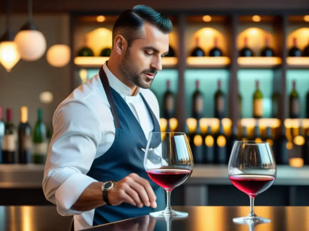 Un sommelier vierte vino orgánico en copa cristal mientras un chef prepara plato francés