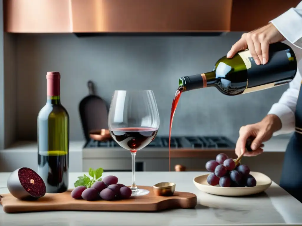 Un sommelier vierte vino orgánico en cristal, en una cocina francesa con maridajes vinos orgánicos cocina francesa