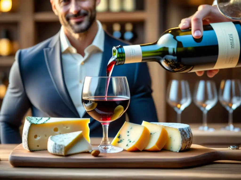 Un sommelier vierte vino francés en copa cristal, con quesos franceses en tabla rústica