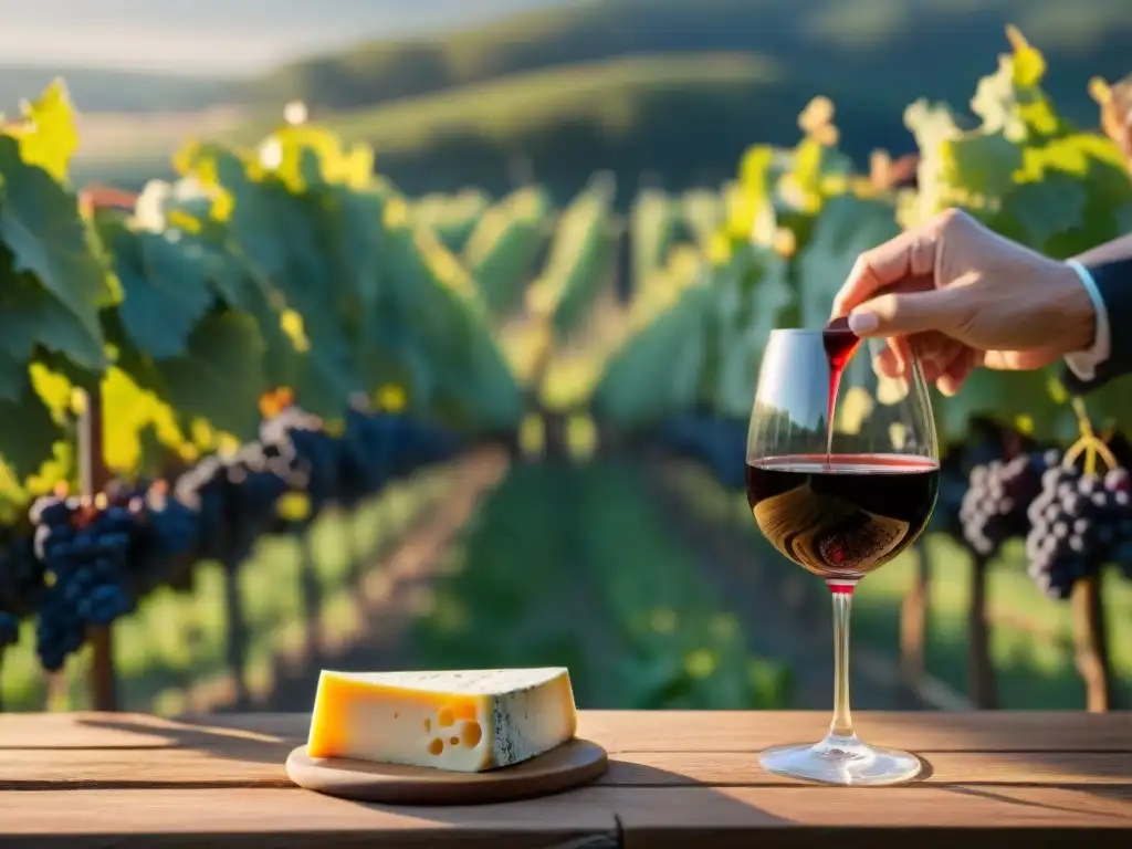 Un sommelier vierte vino mientras quesos franceses en una mesa rústica en un viñedo soleado