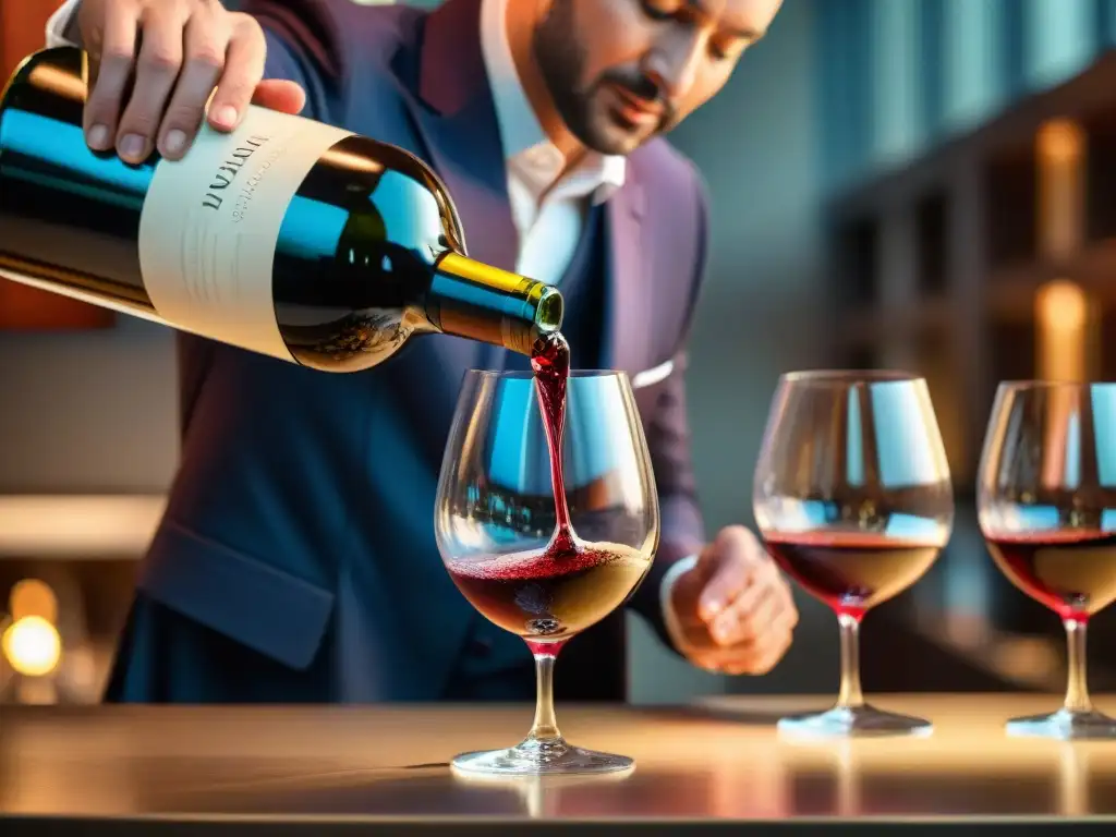 Un sommelier vierte con maestría un vino tinto rico en una copa de cristal, evocando lujo y sofisticación