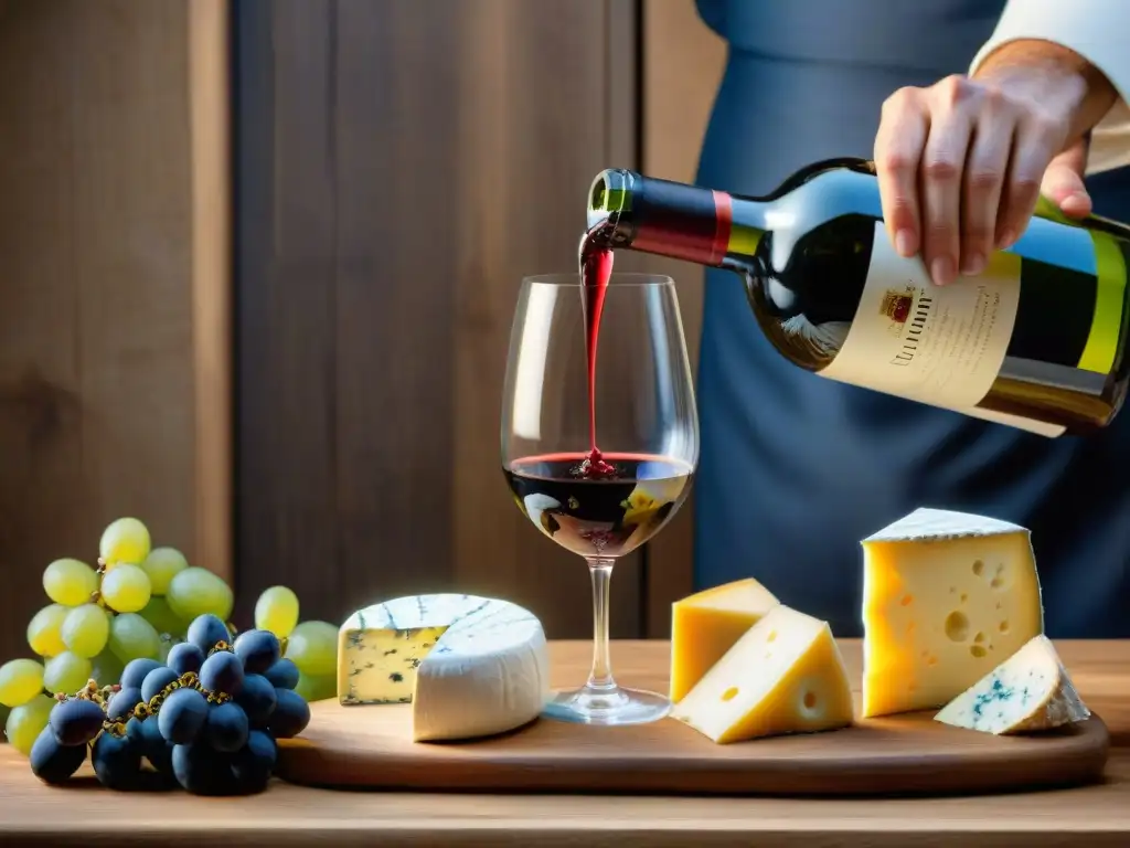 Un sommelier vierte vino en copa, rodeado de quesos franceses