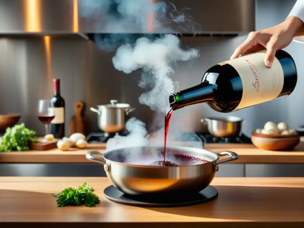 Un sommelier vierte vino tinto en una sartén con ajo y hierbas, creando una escena culinaria de maestría