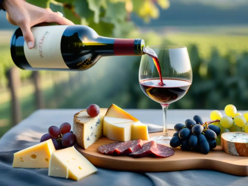 Un sommelier sirviendo un vino Bordeaux en copa cristal, con tabla de quesos franceses