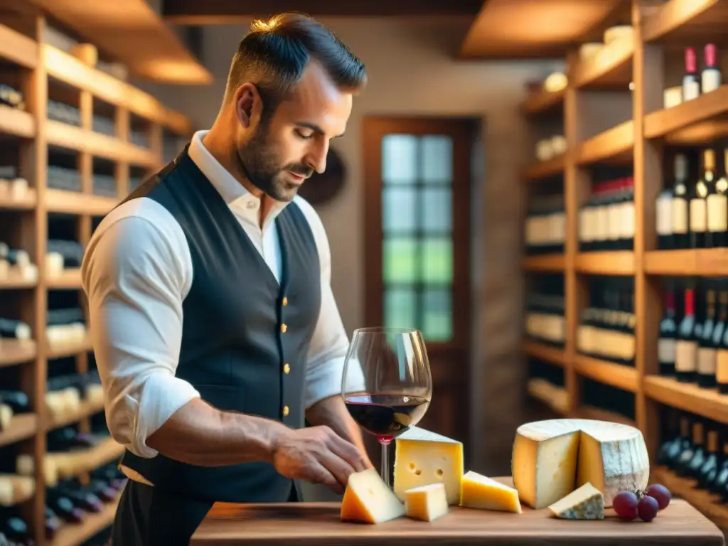 Un sommelier vierte vino tinto mientras un affineur elige quesos franceses