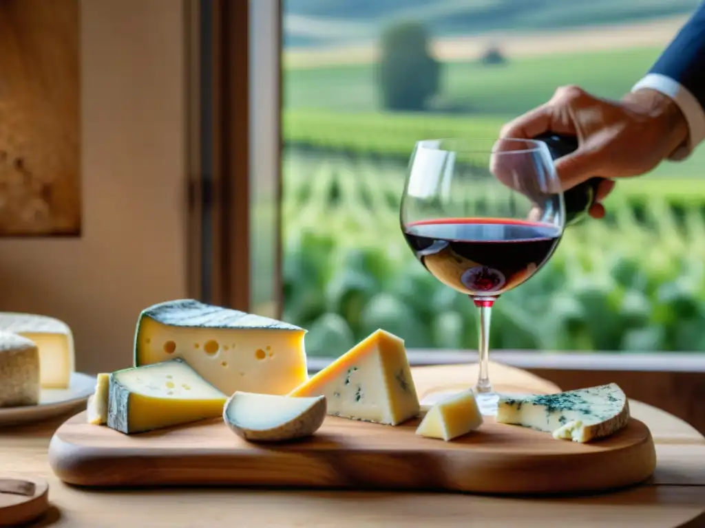 Exquisita degustación de vino y queso francés en cocina campestre Un sommelier francés vierte vino tinto junto a quesos franceses en una cocina campestre, evocando la innovación culinaria francesa aplicaciones