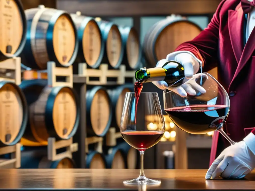 Un sommelier vierte con maestría un vino tinto profundo de Borgoña en una copa de cristal, en una bodega tradicional