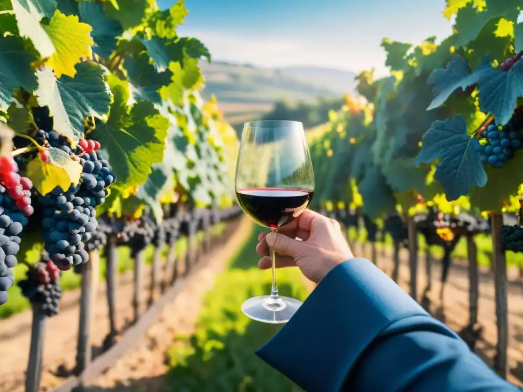 Un sommelier examina un vino tinto en un viñedo francés, bajo un cielo azul