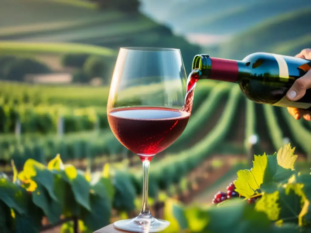 Un sommelier vierte vino Borgoña en copa cristal en viñedos al atardecer