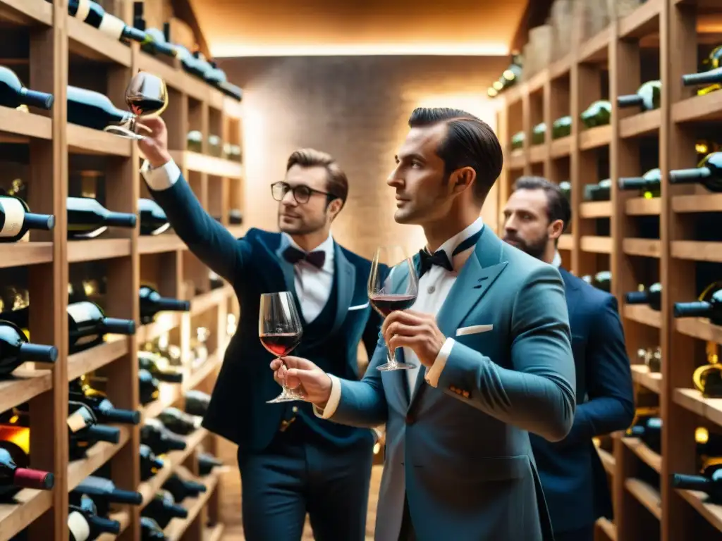 Sommeliers franceses en concurso analizando vinos en bodega elegante