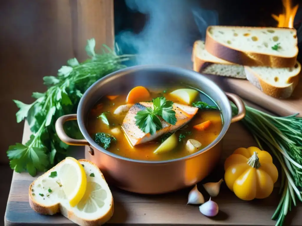 Sopa de pescado provenzal receta: Escena cálida y tradicional con una olla de cobre llena de sopa, hierbas frescas y pan rústico