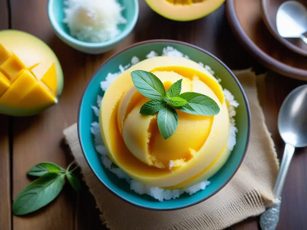 Deléitate con un sorbete vegano de mango en un cuenco de cristal, decorado con coco rallado y hojas de menta