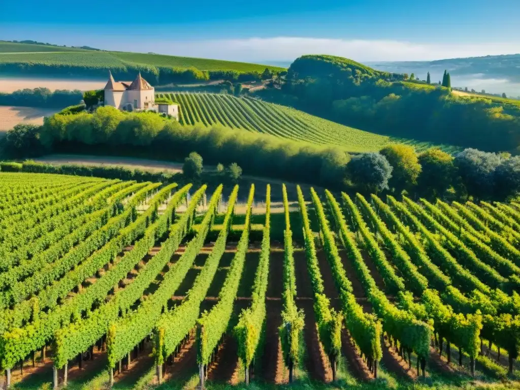 Sostenibilidad en la industria vinícola francesa: Viñedo exuberante con filas de vides verdes bajo cielo azul, chateau al fondo