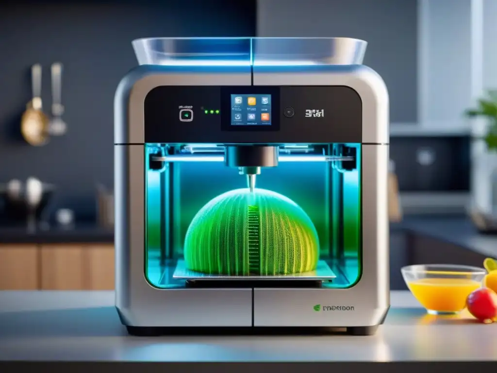 Impresión 3D en gastronomía sostenible: Cocina moderna con chefs y tecnología creando platos innovadores