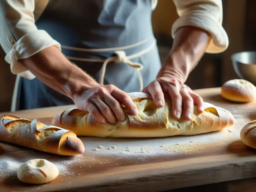 Práctica sostenible de fermentación en tradición francesa: panadero moldeando masa de baguettes en panadería rústica