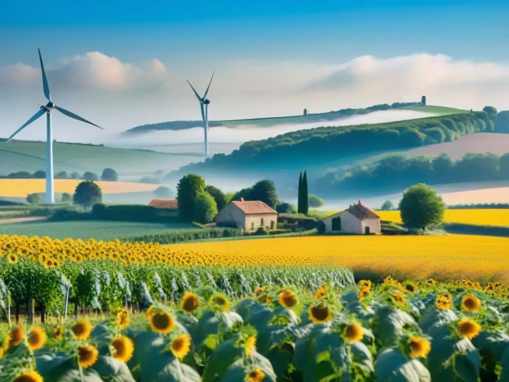 Alimentación sostenible en gastronomía francesa: chef cosechando en granja tradicional con viñedos y girasoles bajo cielo azul