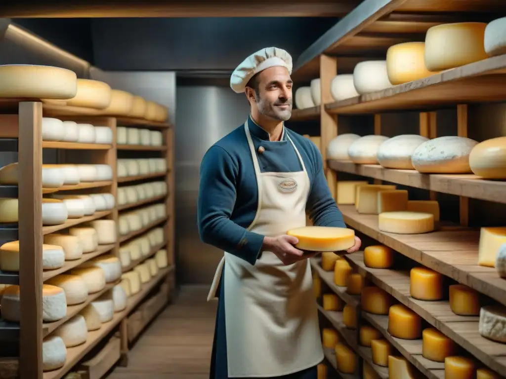 Producción sostenible de quesos en una bodega francesa, con un maestro quesero inspeccionando una rueda de queso