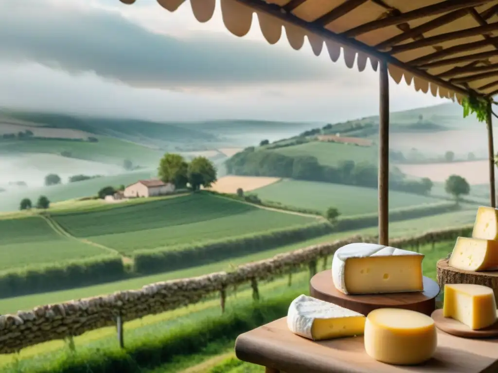 Producción sostenible de quesos en Francia: Escena campestre francesa con fromagerie tradicional y artesanos elaborando quesos artesanales