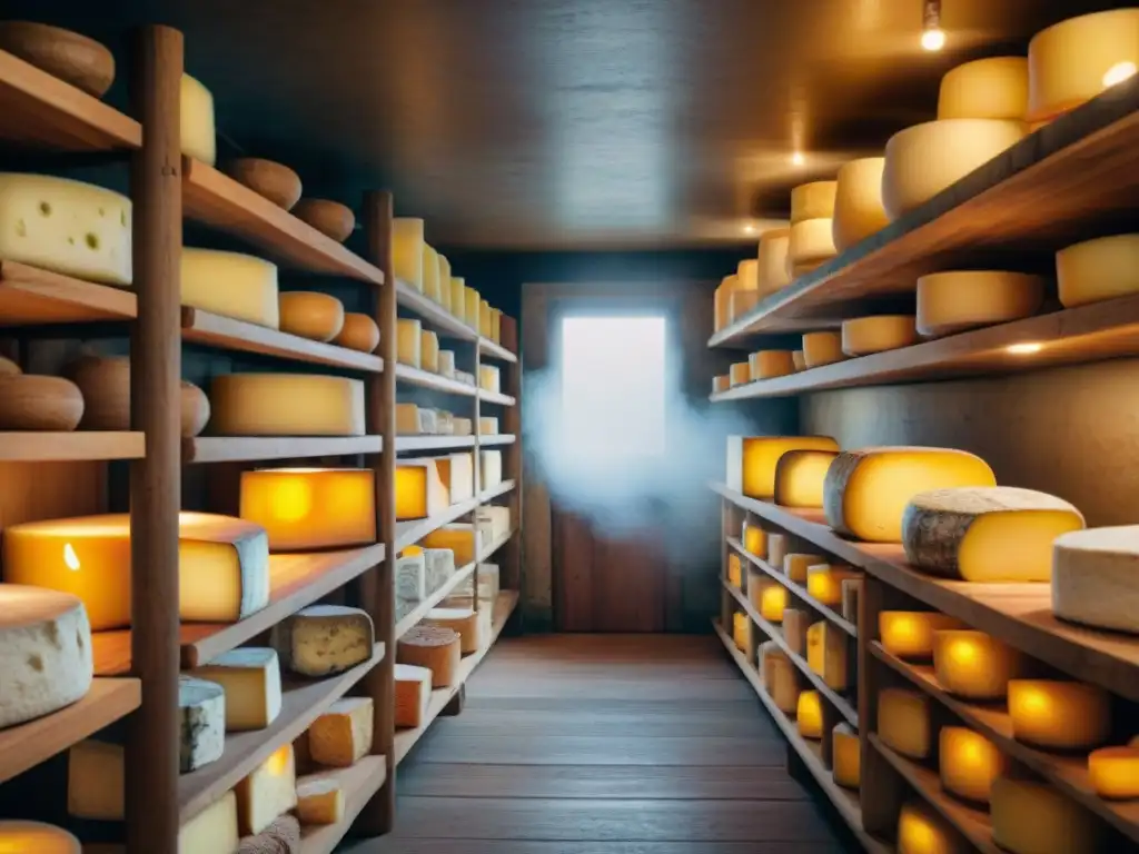 Un sótano de queso francés iluminado, lleno de estantes de madera con quesos artesanales envejeciendo